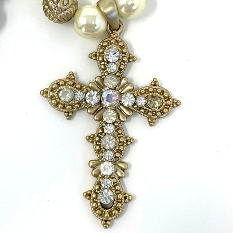 Sky Haze Cross -  Pearl Chain and Austrian Crystals