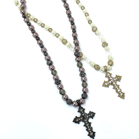 Sky Haze Cross -  Pearl Chain and Austrian Crystals