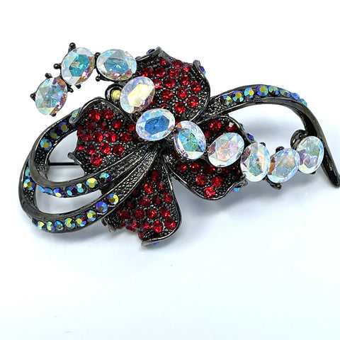 Lily Pad Swirl Crimson Brooch with Aurora Borealis Swirl